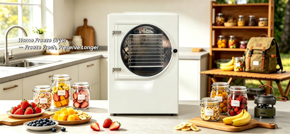 Geliss home freeze dryer in a kitchen counter setting with glass jars of freeze-dried strawberries, mangoes, and bananas.