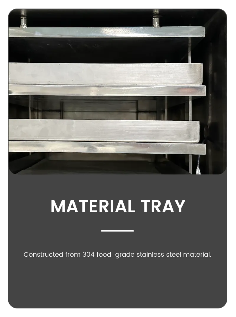 Infographic card illustrating layered 304 food-grade stainless steel material trays inside a vacuum freeze dryer lyophilizer.