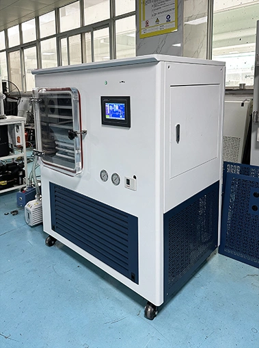 Right perspective view of a commercial lyophilizer freeze dryer machine on a blue production workshop floor.