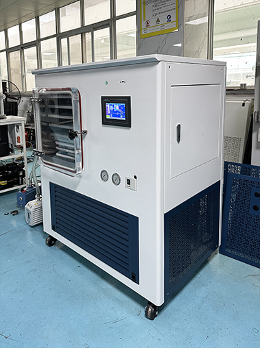 Right perspective view of a commercial lyophilizer freeze dryer machine on a blue production workshop floor.