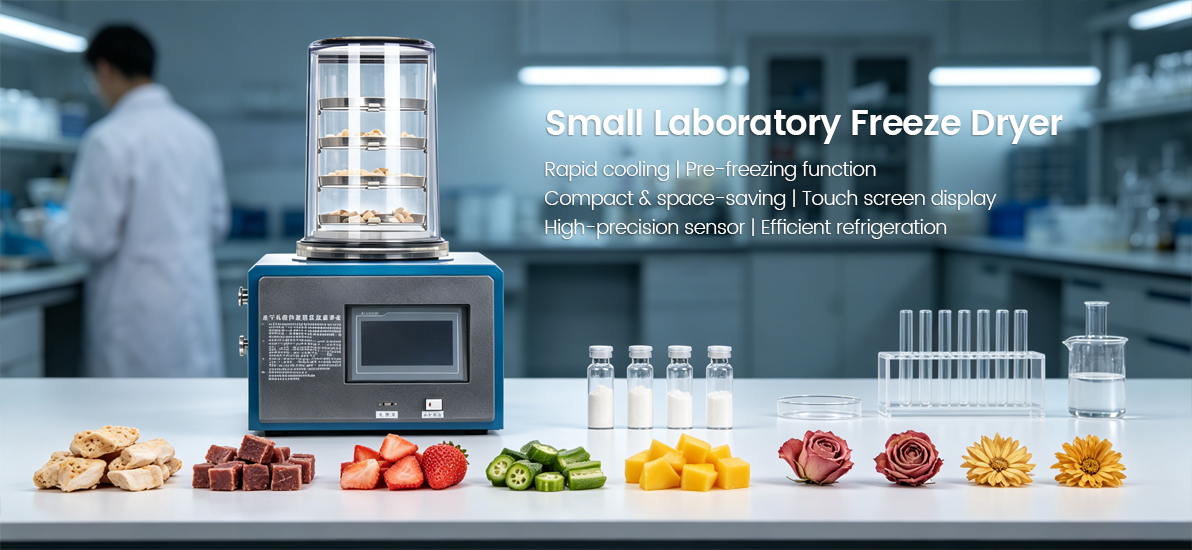 Wide laboratory banner showcasing a small vacuum freeze dryer machine on a lab table surrounded by diverse freeze-dried food samples and glass vials with a scientist background.