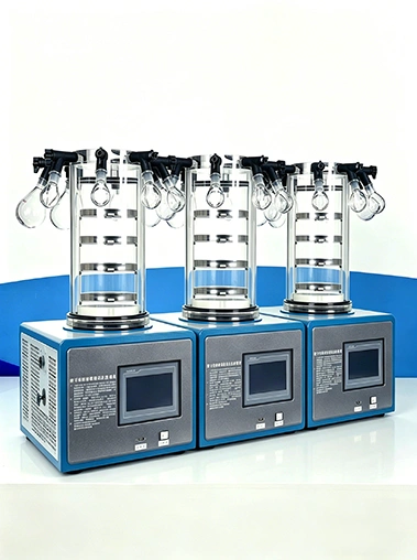 A row of three Geliss laboratory manifold freeze dryers lined up on a white table, showcasing the uniform quality and multi-unit setup.