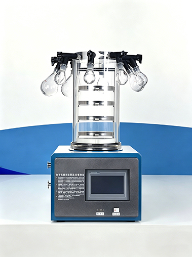 Front view real shot of Geliss laboratory manifold freeze dryer featuring a touchscreen display and a transparent drying chamber with attached glass flasks.