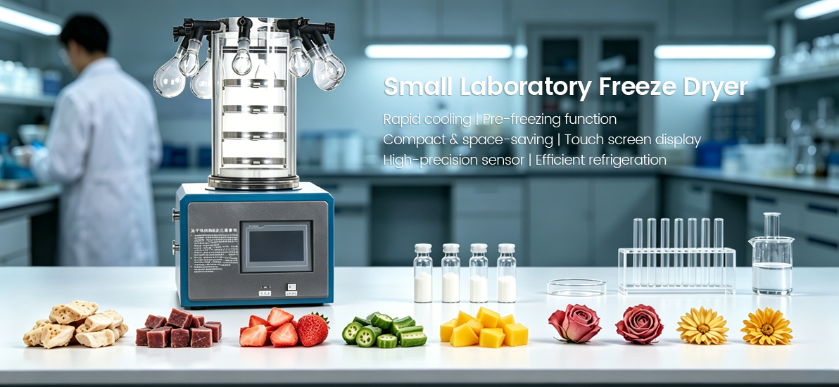 Geliss small laboratory freeze dryer banner on a lab bench with a researcher and samples of freeze-dried food, flowers, and vials.