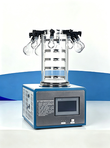 Side angle real shot of Geliss benchtop manifold freeze dryer showcasing the blue cabinet base, control panel, and side ventilation holes.