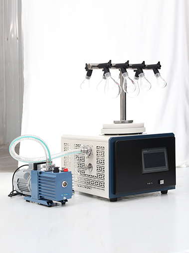 Angled view of a laboratory vacuum freeze dryer with a T-shaped manifold holding glass eggplant flasks, connected by a clear hose to a blue rotary vane pump.