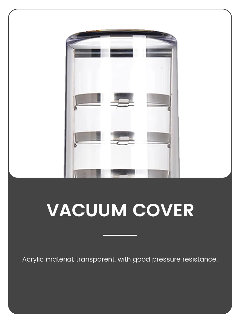 Infographic of a transparent acrylic vacuum cover for a laboratory freeze dryer, highlighting its high pressure resistance and clear visibility.
