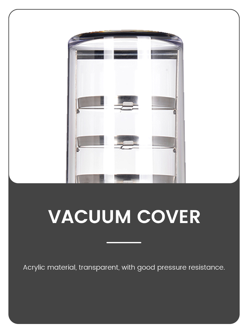 Product infographic displaying a transparent acrylic vacuum cover chamber with excellent pressure resistance, custom-made for a laboratory freeze dryer unit.