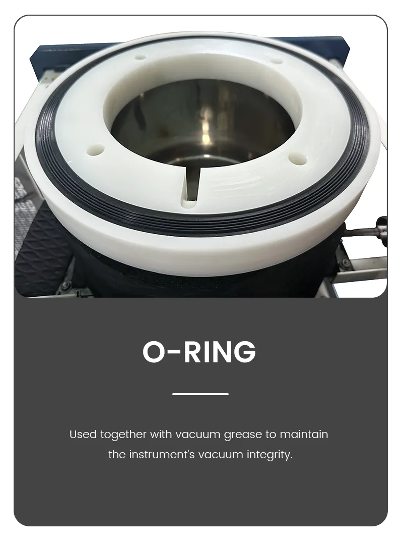 Close-up infographic of a lyophilizer O-ring sealing gasket, used with vacuum grease to ensure optimal vacuum integrity for the laboratory freeze dryer.
