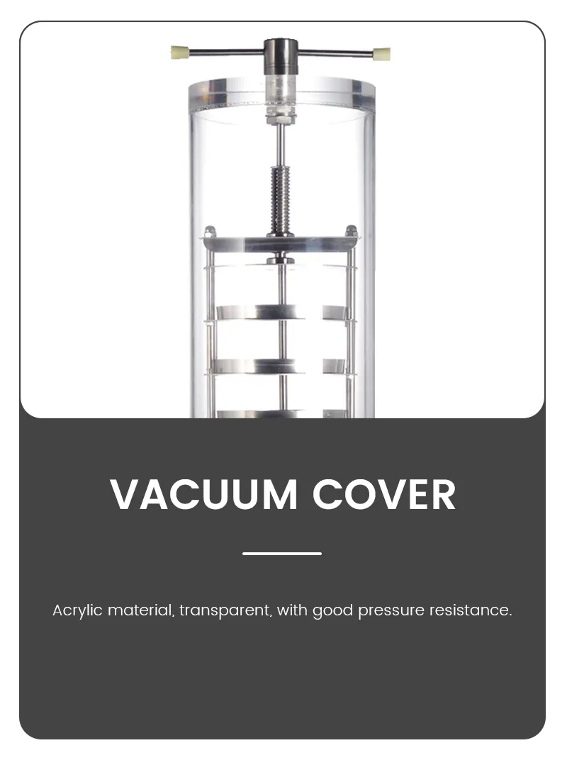 Infographic detail of a laboratory freeze dryer vacuum cover, highlighting the transparent, pressure-resistant acrylic cylinder chamber with a manual stoppering mechanism.