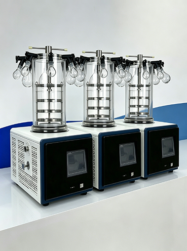 A lineup of three Geliss ZLGJ-10 manifold stoppering vacuum freeze dryers for laboratory use, showcasing batch production and reliable equipment design.