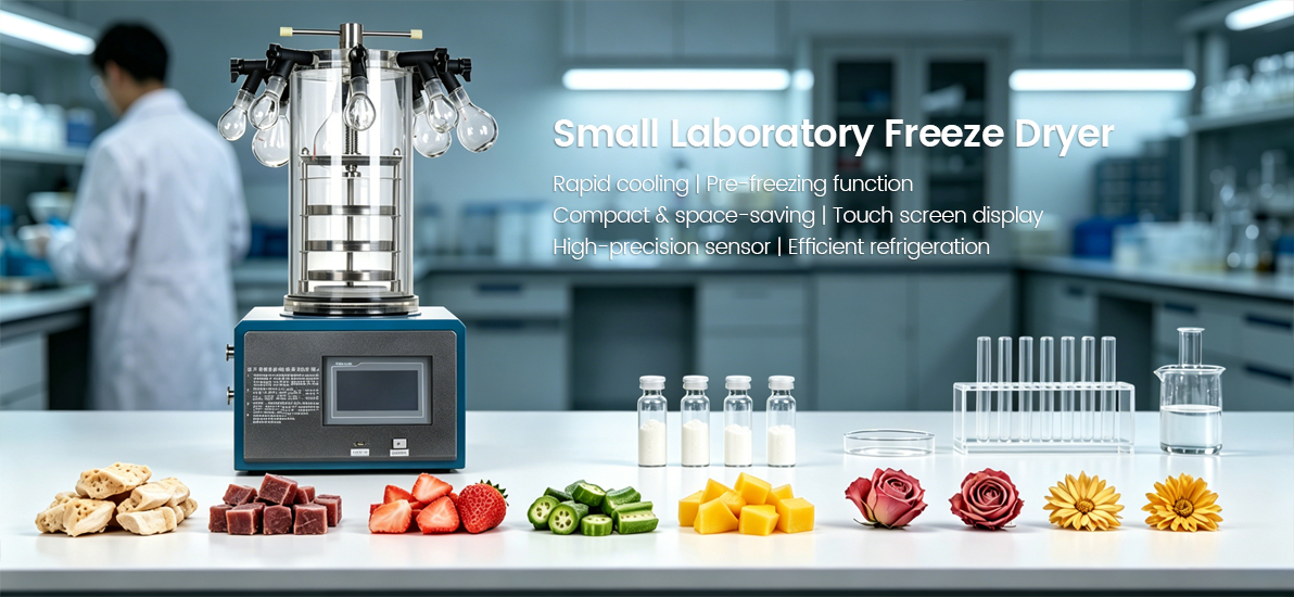 Geliss small laboratory freeze dryer banner showing applications like freeze-dried fruits, vegetables, meat, and pharmaceutical vials in a lab setting.