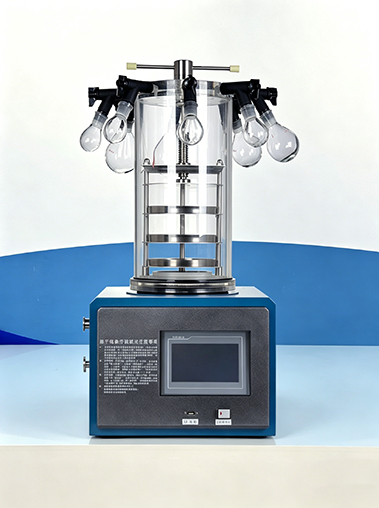 Front view of Geliss benchtop vacuum freeze dryer machine with manifold stoppering structure, acrylic chamber, glass flasks, and touch screen control.