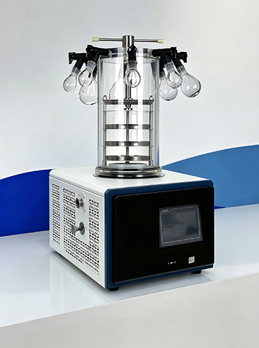 Side perspective view of Geliss compact laboratory freeze dryer highlighting the side cooling vents, white metal housing, and blue touch screen base.