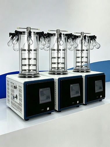 A lineup of three Geliss ZLGJ-10 manifold stoppering vacuum freeze dryers for laboratory use, showcasing batch production and reliable equipment design.
