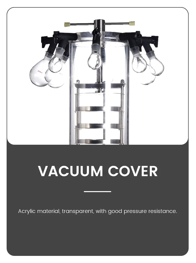 Detail of Geliss manifold stoppering freeze dryer vacuum cover, showcasing transparent acrylic material and multi-manifold ports with glass flasks.