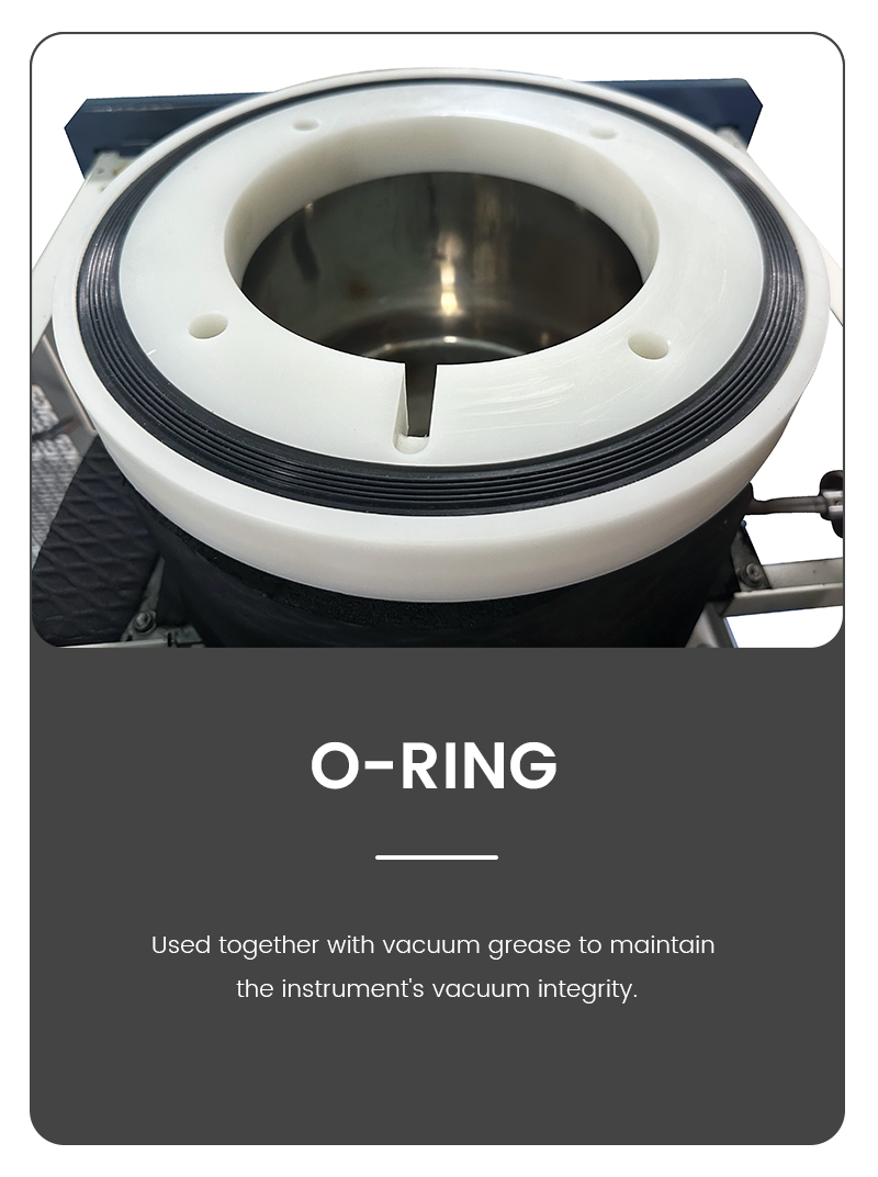 Technical infographic showcasing a black vacuum sealing O-ring on a white flange base for a vacuum freeze dryer lyophilizer.