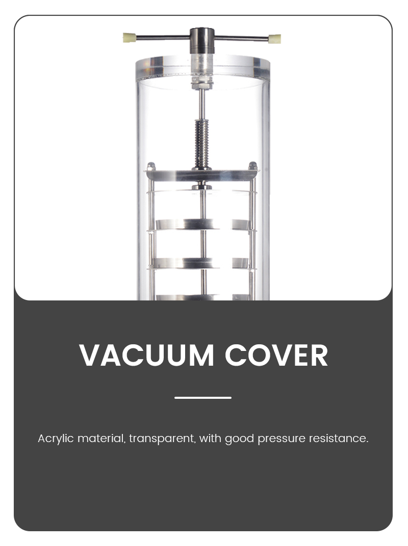 Infographic of a lyophilizer vacuum cover made of transparent acrylic material, featuring high pressure resistance for clear viewing of the drying chamber.