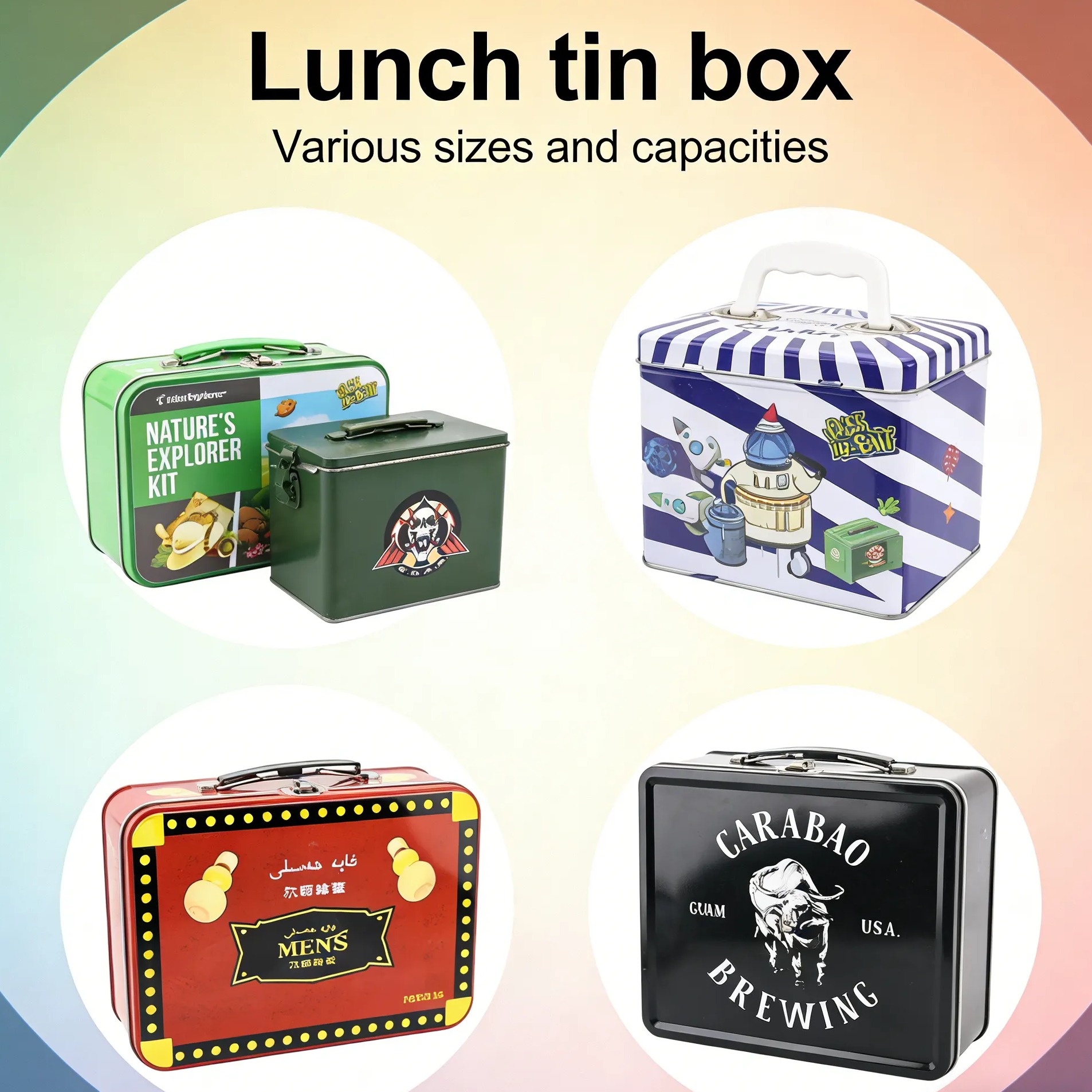 Custom printed metal lunch box, durable tin food container for picnic and daily use