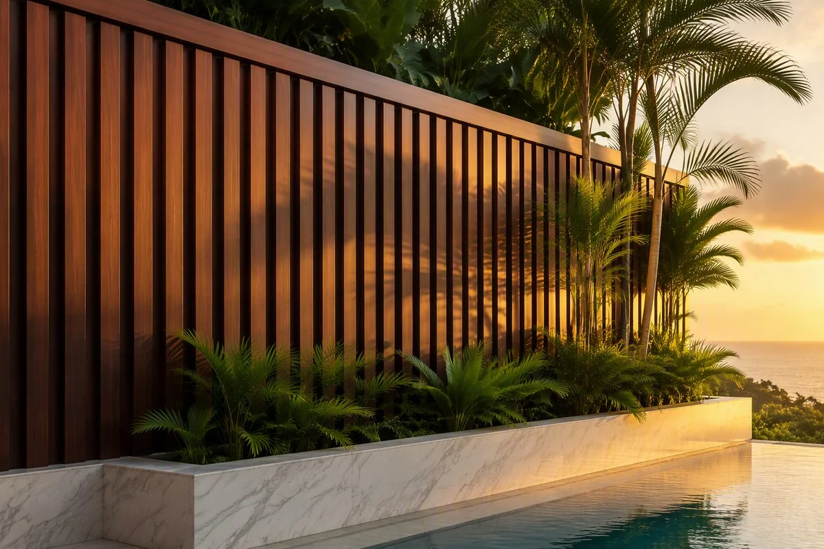 walnut wpc wall panel as poolside privacy wall at golden hour