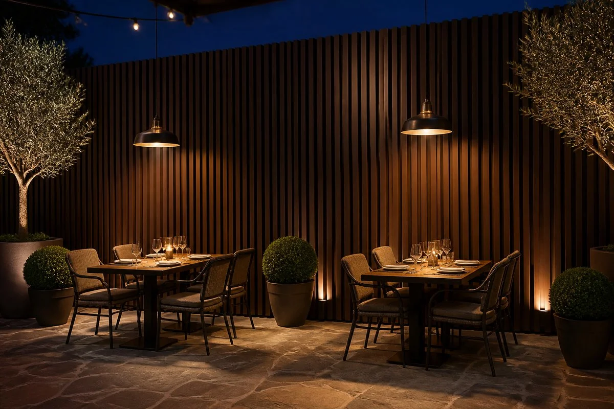 dark brown wpc wall panel restaurant courtyard feature wall