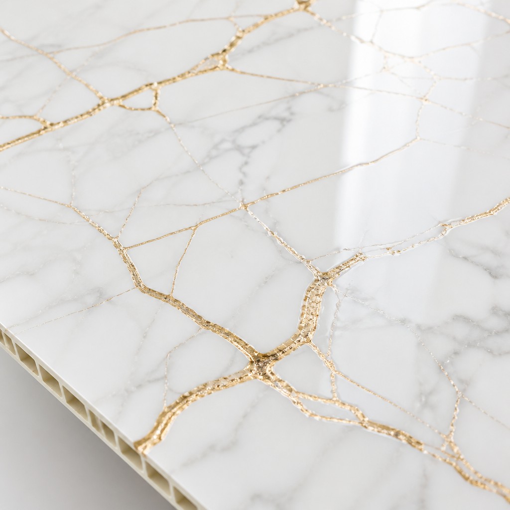 White Marble Gold Vein PVC UV Wall Panel texture detail