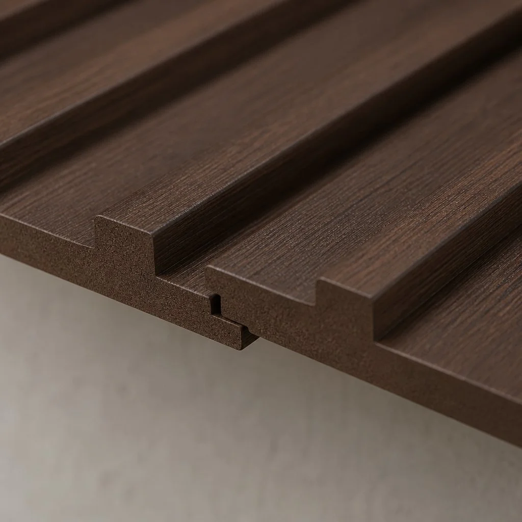 walnut wpc wall panel tongue and groove joint close-up