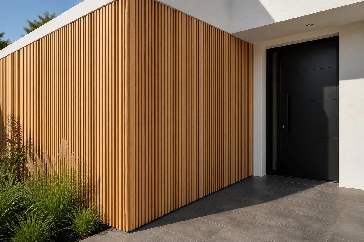 oak wpc wall panel entryway feature wall with corner trim