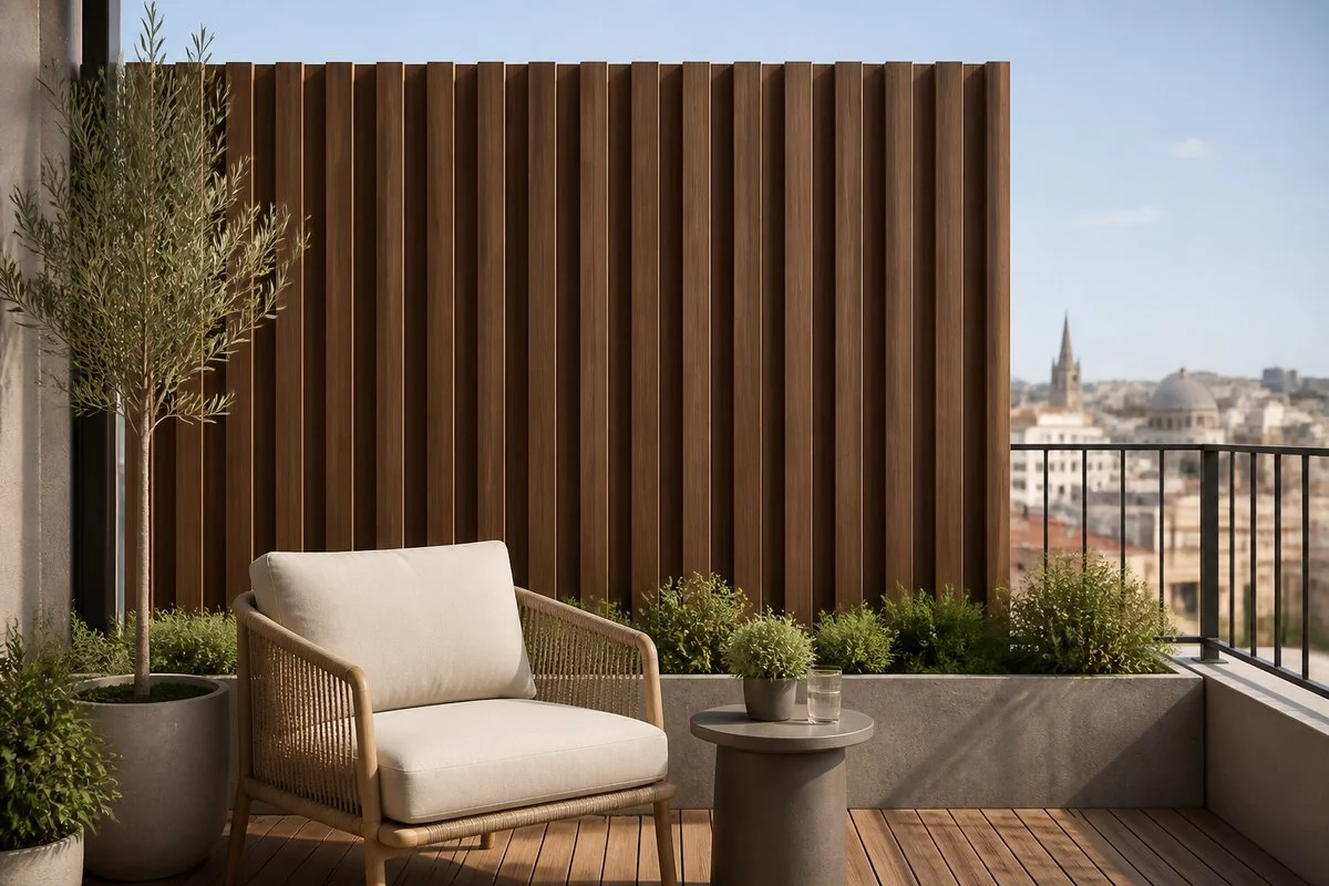 walnut wpc wall panel privacy screen on modern balcony terrace
