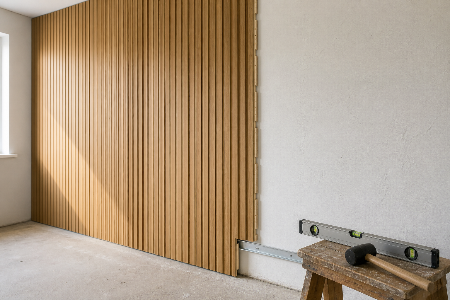 Montage WPC Wandpaneele halb fertige Wand mit Startprofil