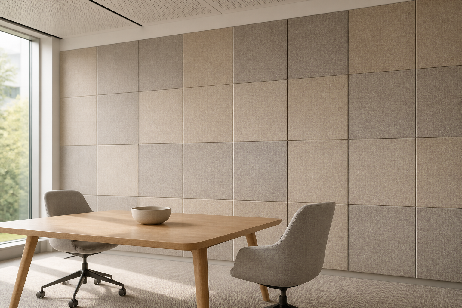 acoustic felt panels vs foam panels greige tile wall in modern open office collaboration area