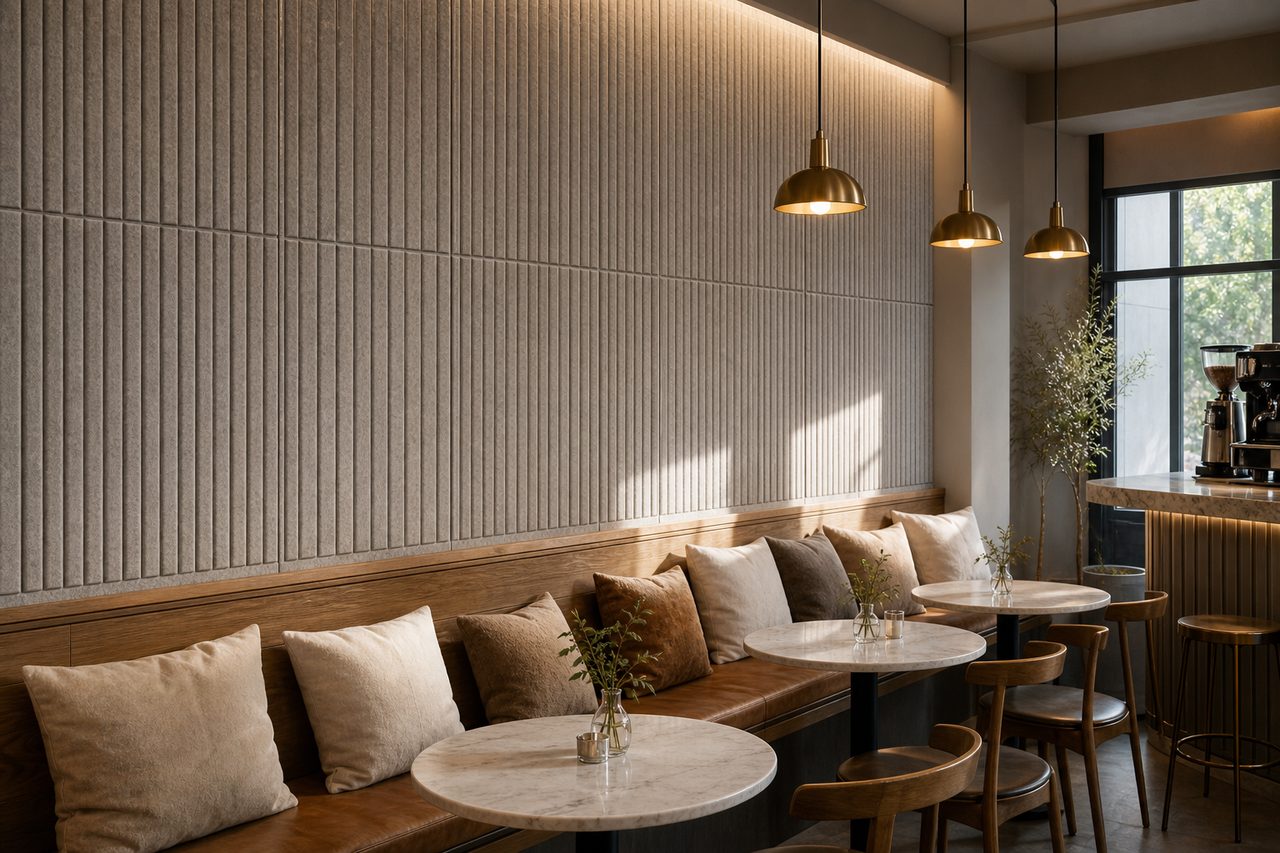 grooved acoustic panels cafe coffee shop vertical grooves felt wall