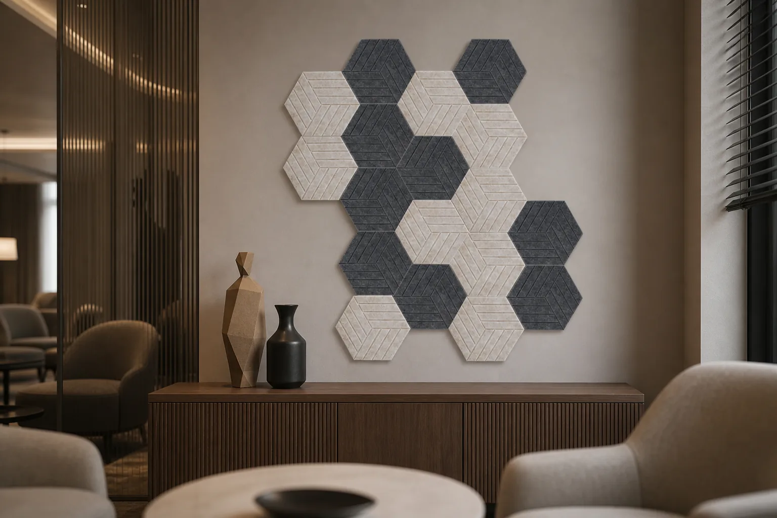 hexagonal acoustic panels AI scene