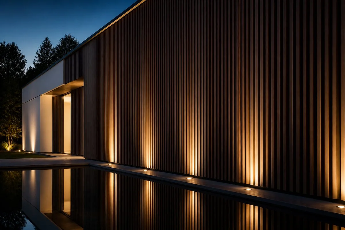dark brown wpc wall panel luxury facade at dusk with uplighting