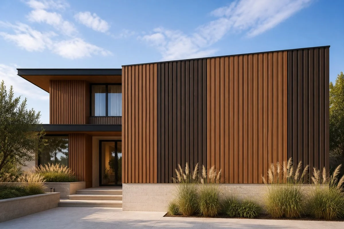 fluted wpc wall panel installed on modern European villa facade