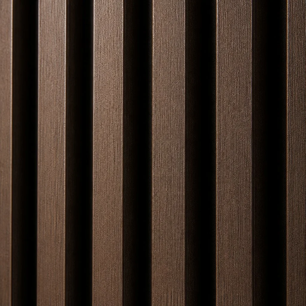 dark brown wpc wall panel texture close-up with dramatic shadows