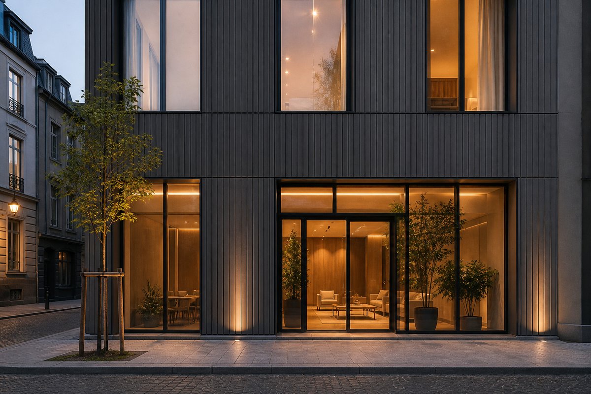 charcoal wpc wall panel commercial building exterior at dusk