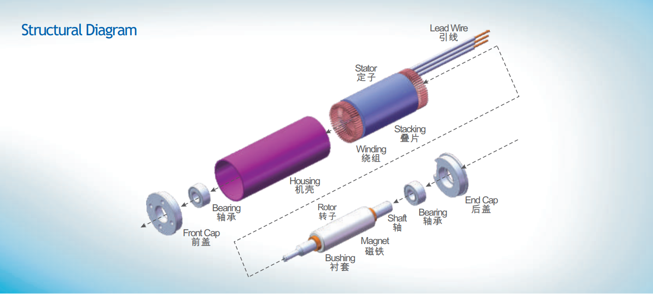Brushless-DC-micro-motor-exploded-structural-diagram-labeled-housing-stator-rotor-magnet-bearing-end-cap-spare-parts