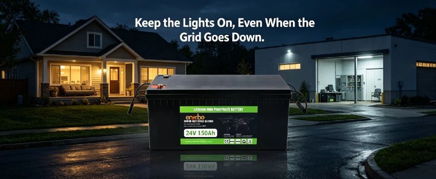 24V 150Ah LiFePO4 Battery | Enerbe bms lifepo4. 3000+ deep cycles, built-in smart BMS with overcharge protection. Drop-in lead-acid replacement, zero maintenance. Ideal for solar & RV.