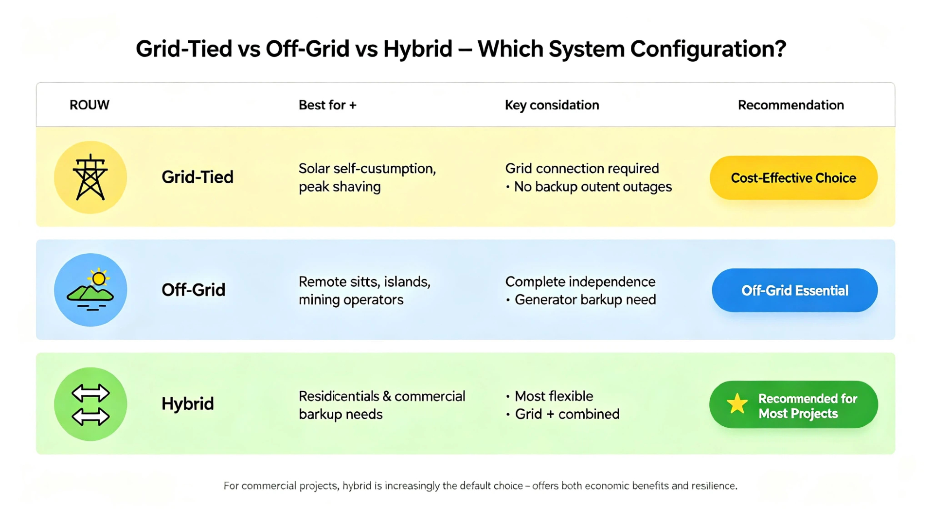 Grid-tied vs off-grid vs hybrid solar energy storage system configuration comparison table for commercial and residential projects