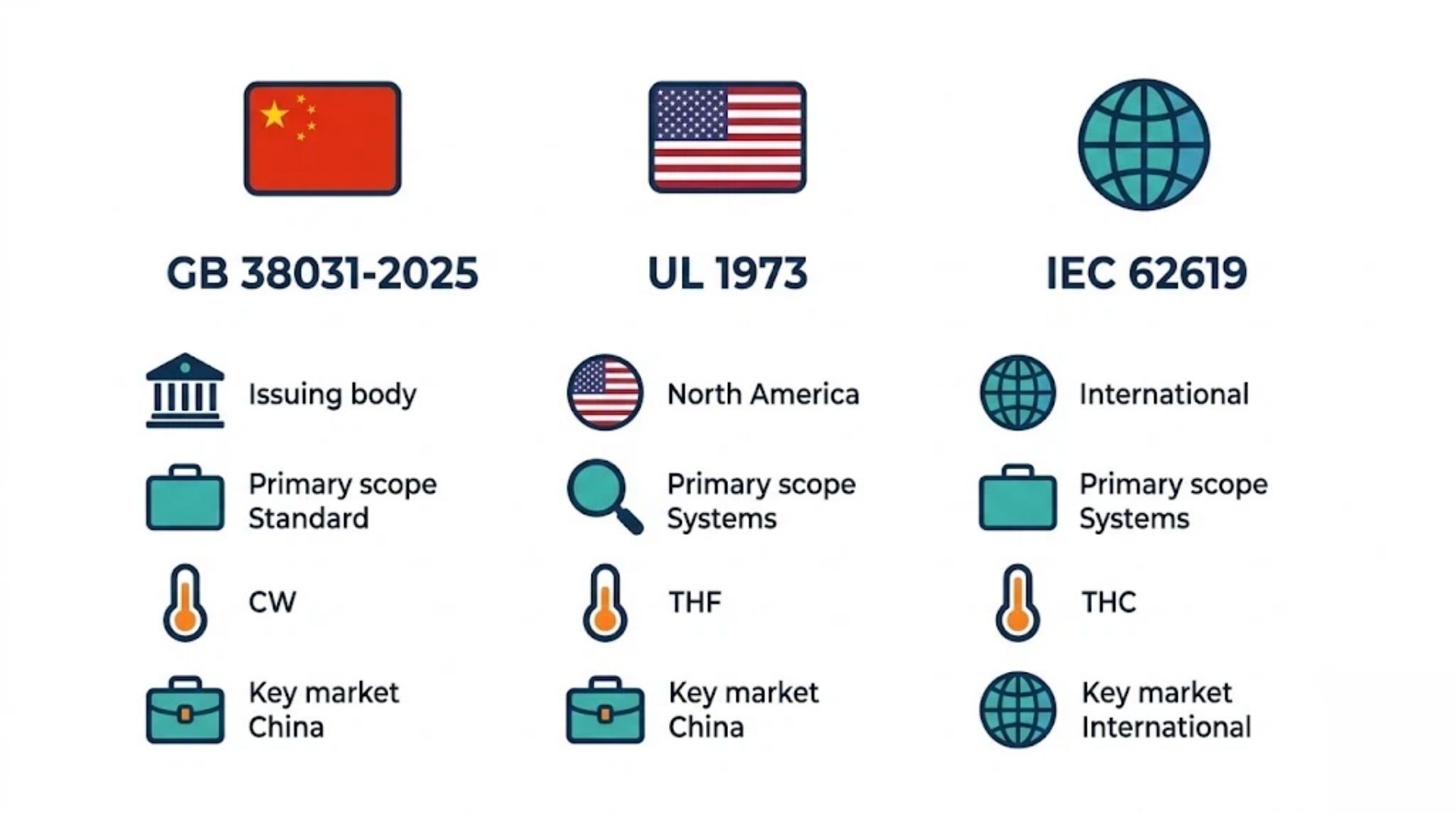 Comparison infographic of global battery safety standards: GB 38031-2025 (China), UL 1973 (North America), and IEC 62619 (international), showing scope, thermal propagation requirements, and key markets for BESS procurement