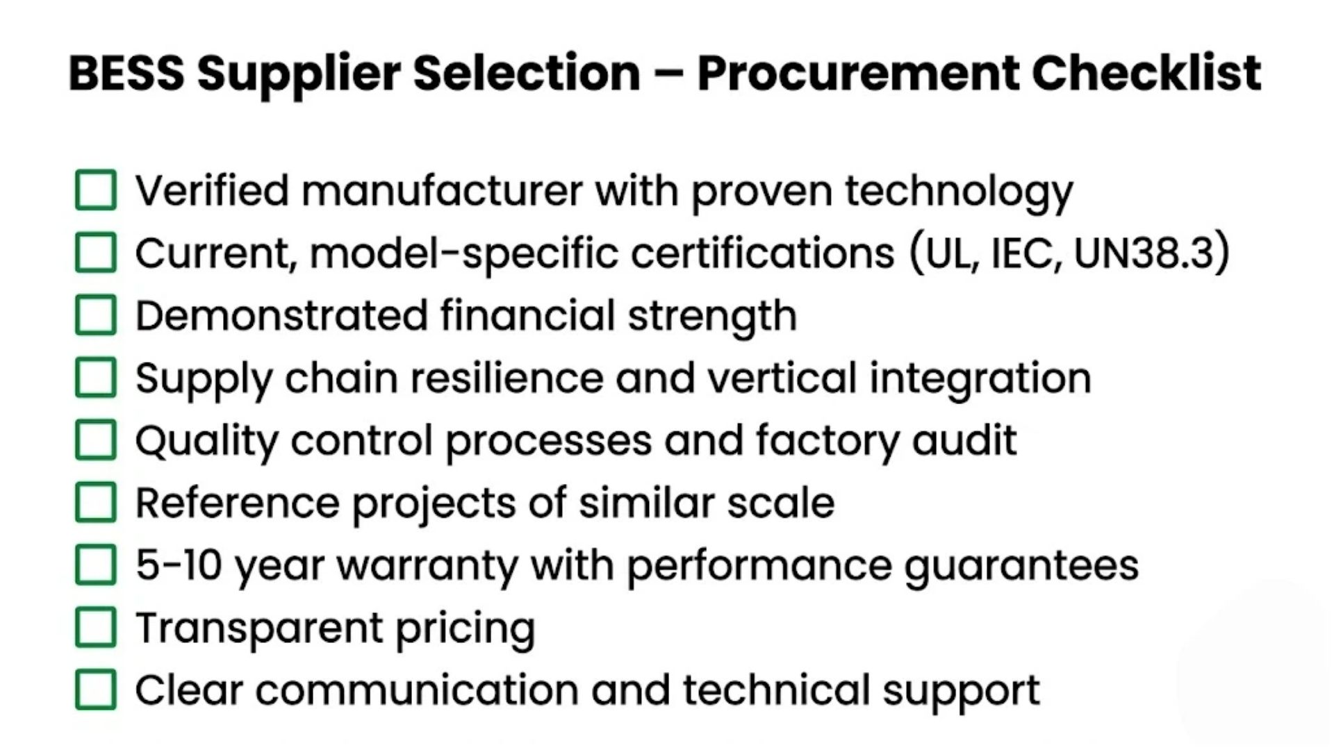 BESS supplier selection procurement checklist for B2B buyers