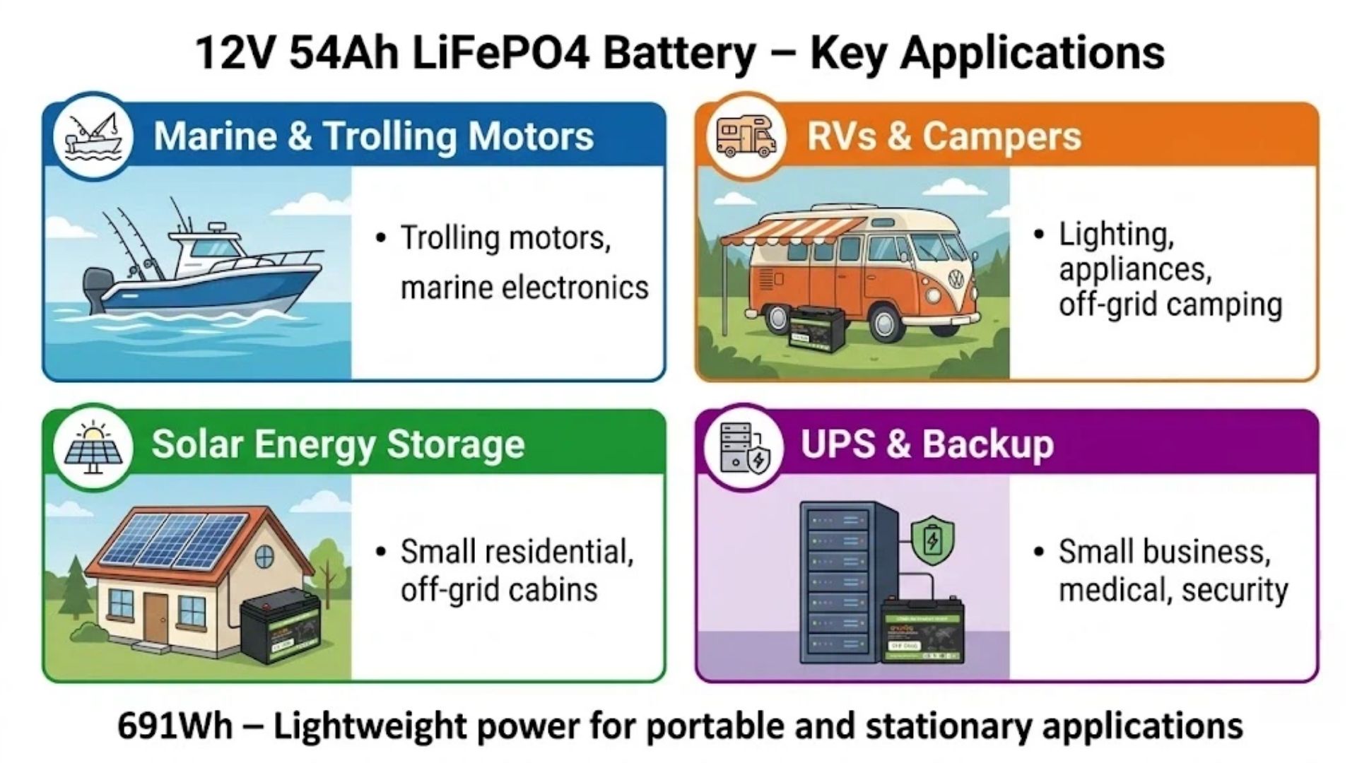12V 54Ah LiFePO4 battery applications marine RV solar UPS