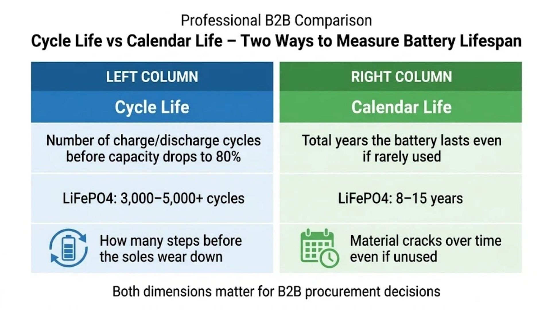 LiFePO4 cycle life vs calendar life comparison showing 3000 to 5000 plus cycles and 8 to 15 years lifespan for B2B buyers