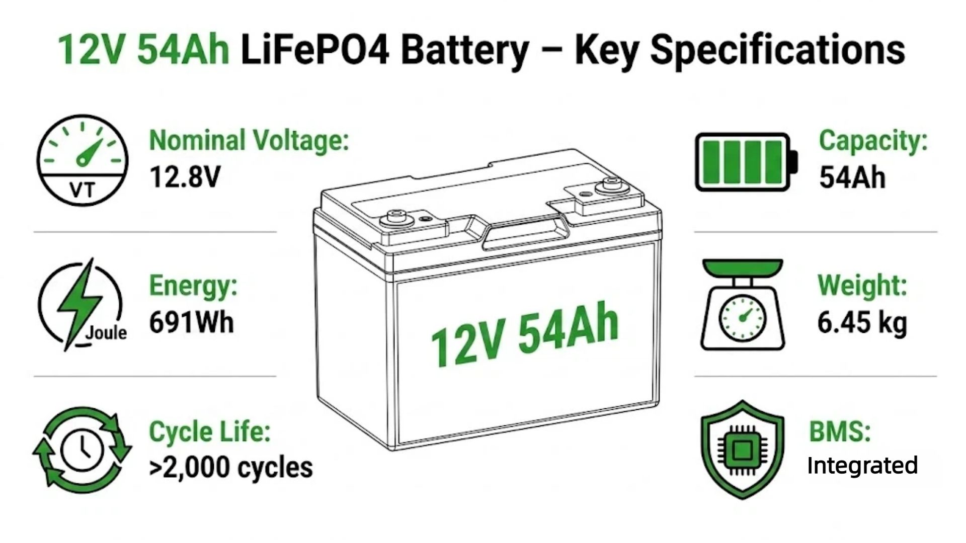 12V 54Ah LiFePO4 battery specifications table