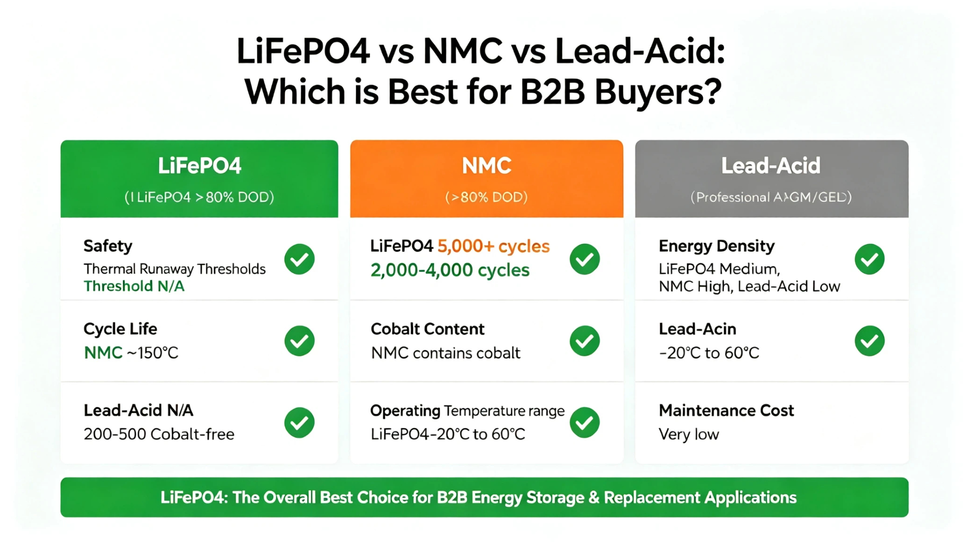 LiFePO4 vs NMC vs Lead-Acid battery comparison chart for B2B buyers - safety, cycle life, cobalt content, temperature range, energy density, maintenance cost