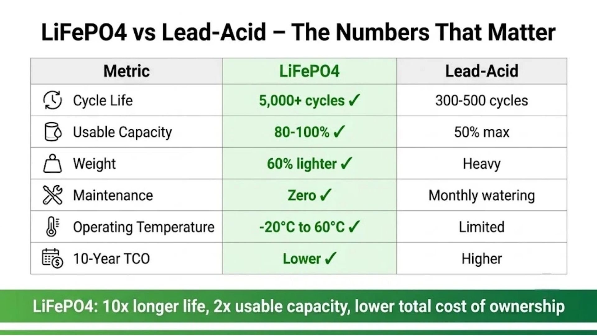 LiFePO4 vs lead-acid battery comparison infographic showing cycle life, usable capacity, weight, maintenance, and total cost of ownership for B2B buyers