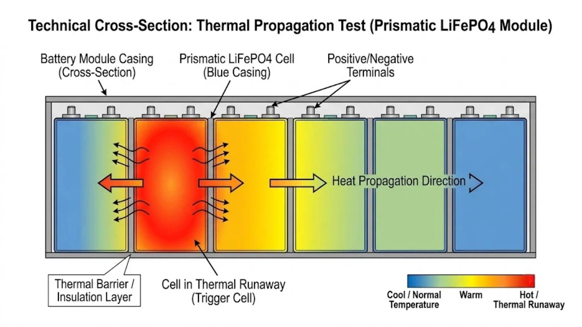 Technical diagram of GB 38031-2025 thermal propagation test showing heat spread from a triggered prismatic LiFePO4 cell to adjacent cells in a battery module, with thermal barrier and temperature gradient visualization