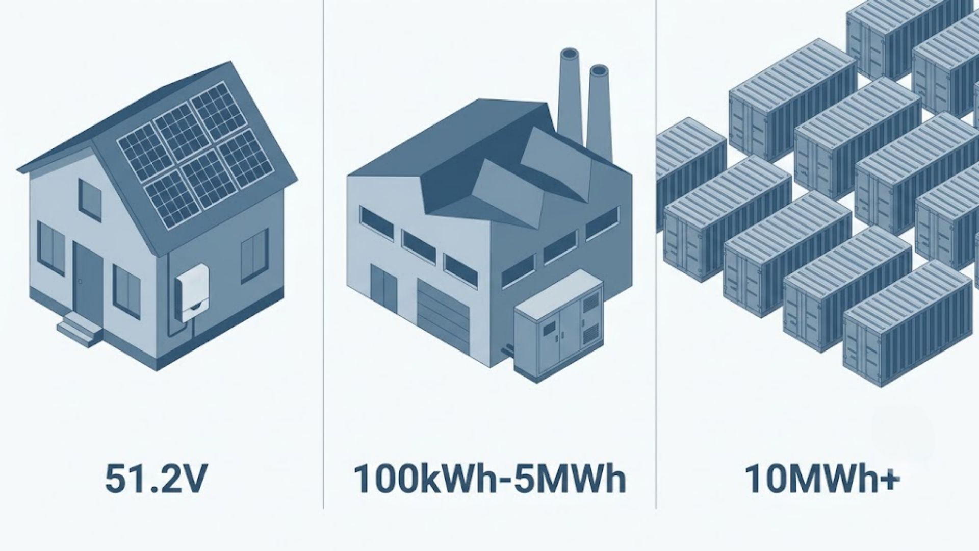 Commercial and industrial energy storage compared with residential and utility-scale battery systems by size, voltage, and business model