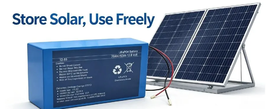 12.8V 55Ah LiFePO4 deep cycle lithium battery with 4000-7000 charge cycles, built-in BMS protection, 1/3 weight of lead-acid, and 10-year service life. Ideal for RV, marine, camping and off-grid solar storage applications.